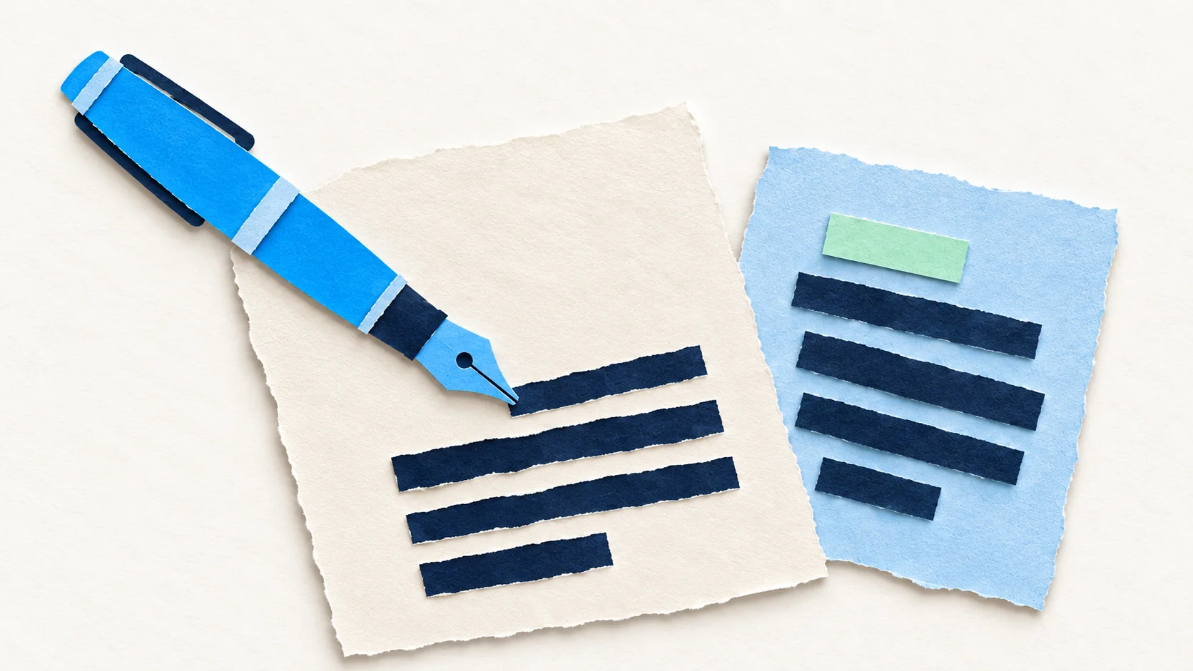 A blue paper fountain pen writes on an ivory page beside an organized blue draft, illustrating writing and editing tools.