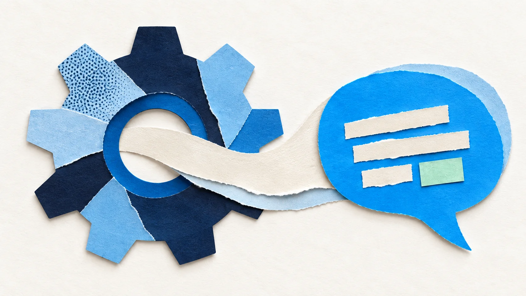 A layered blue paper gear connects to a speech bubble through an ivory ribbon, illustrating technical expertise becoming a story.