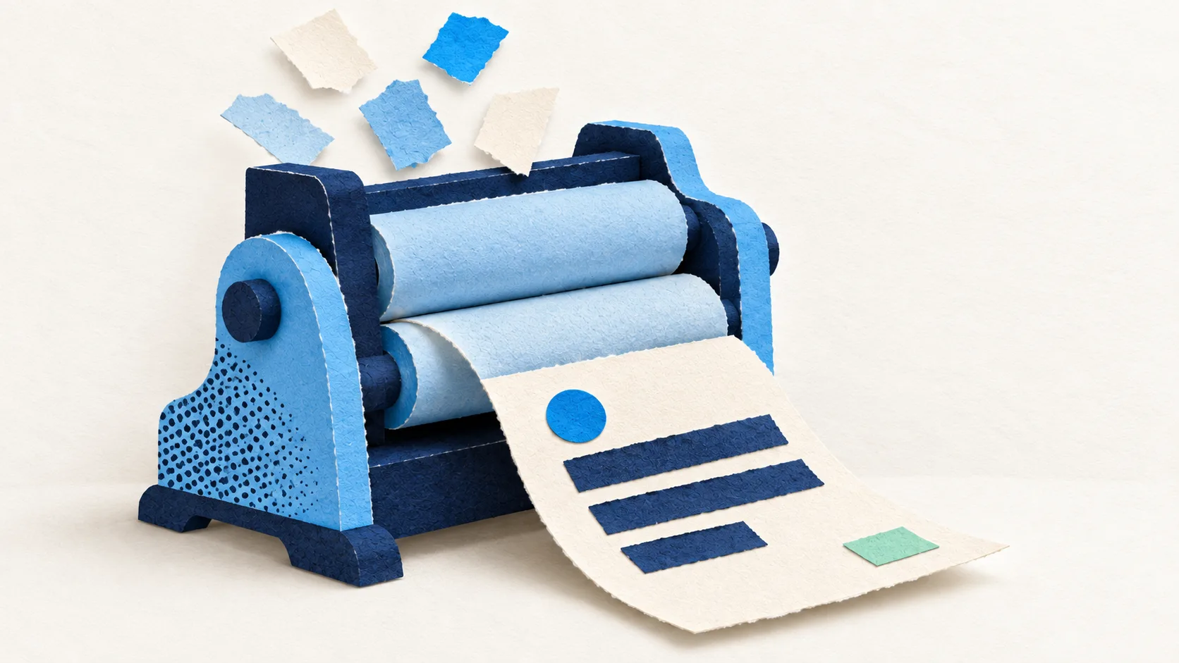A blue paper printing press turns scattered paper scraps into a finished post, illustrating AI-assisted content creation.
