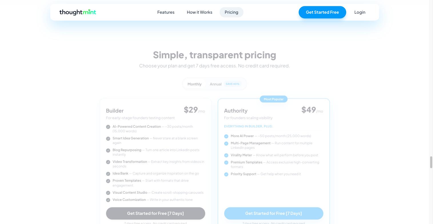 ThoughtMint pricing page — Builder vs. Authority