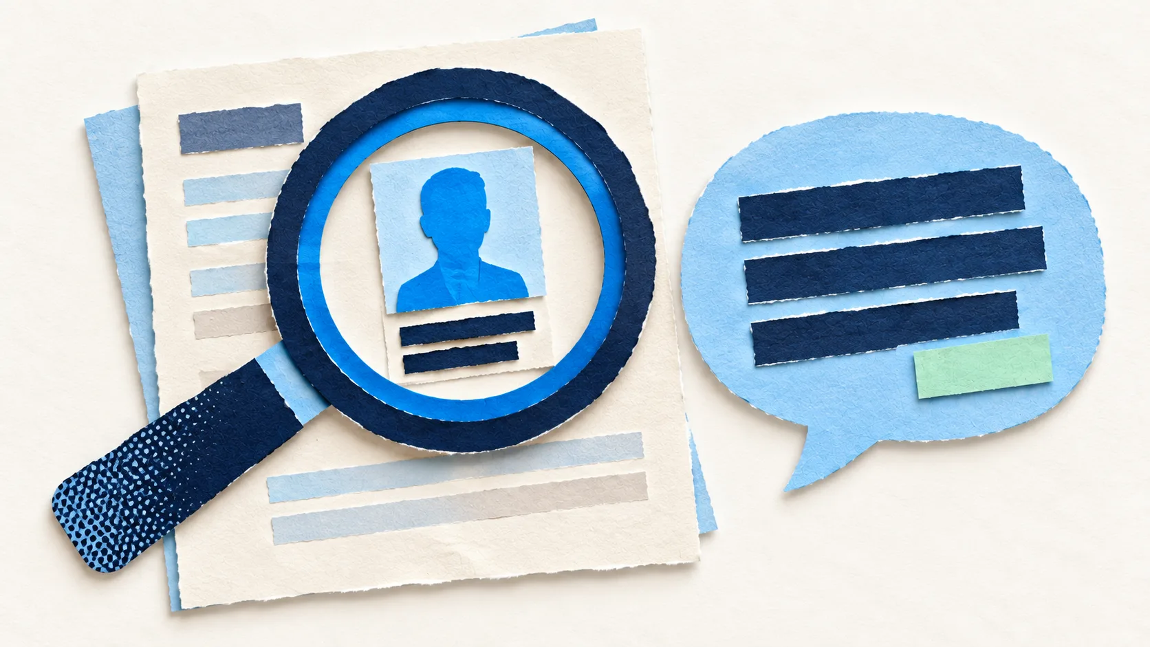 A paper magnifying glass highlights a professional profile beside an answer bubble, illustrating expertise being discovered and cited in AI search.