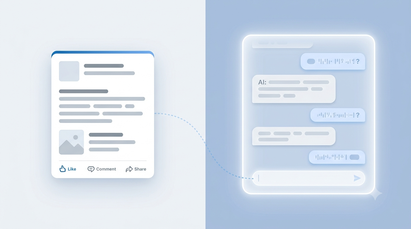 A LinkedIn post connected by a dotted line to an AI chat interface, illustrating LinkedIn content flowing into an AI search answer