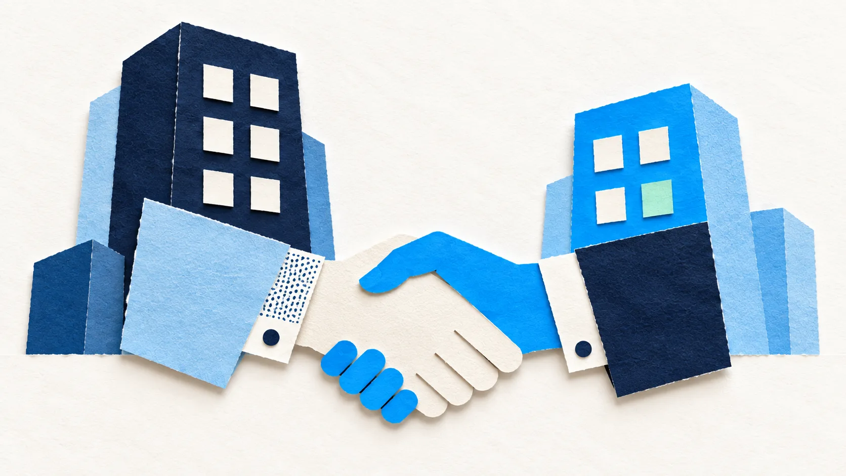 A paper handshake between two blue office buildings, illustrating trust and relationships between businesses.