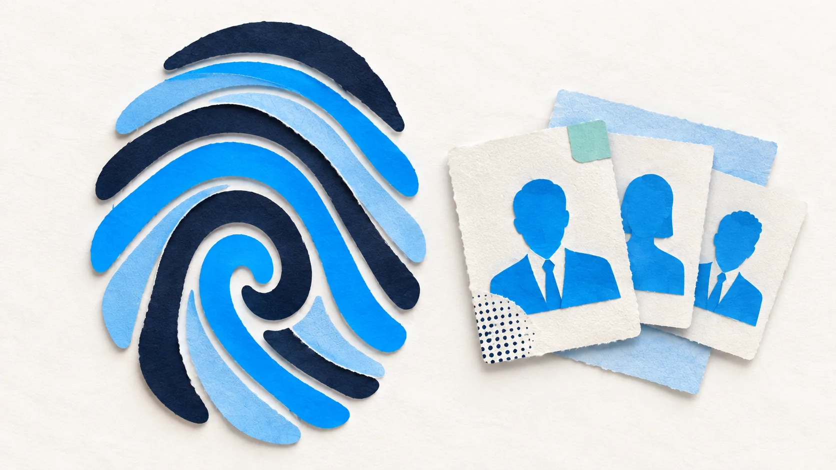 A blue paper fingerprint beside three portrait cards, illustrating distinctive and recognizable brand identities.