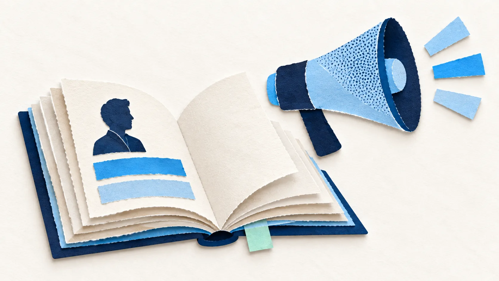 An open paper book with an expert portrait sits beside a blue megaphone, illustrating creating and sharing useful content.