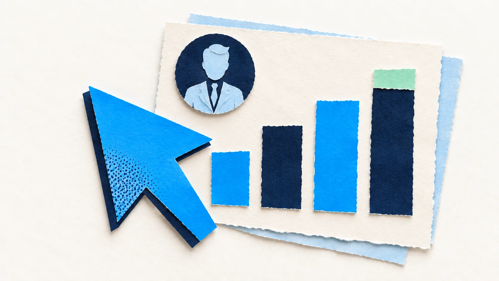 A blue paper cursor points toward a campaign chart beside an expert portrait, illustrating data-led digital marketing.