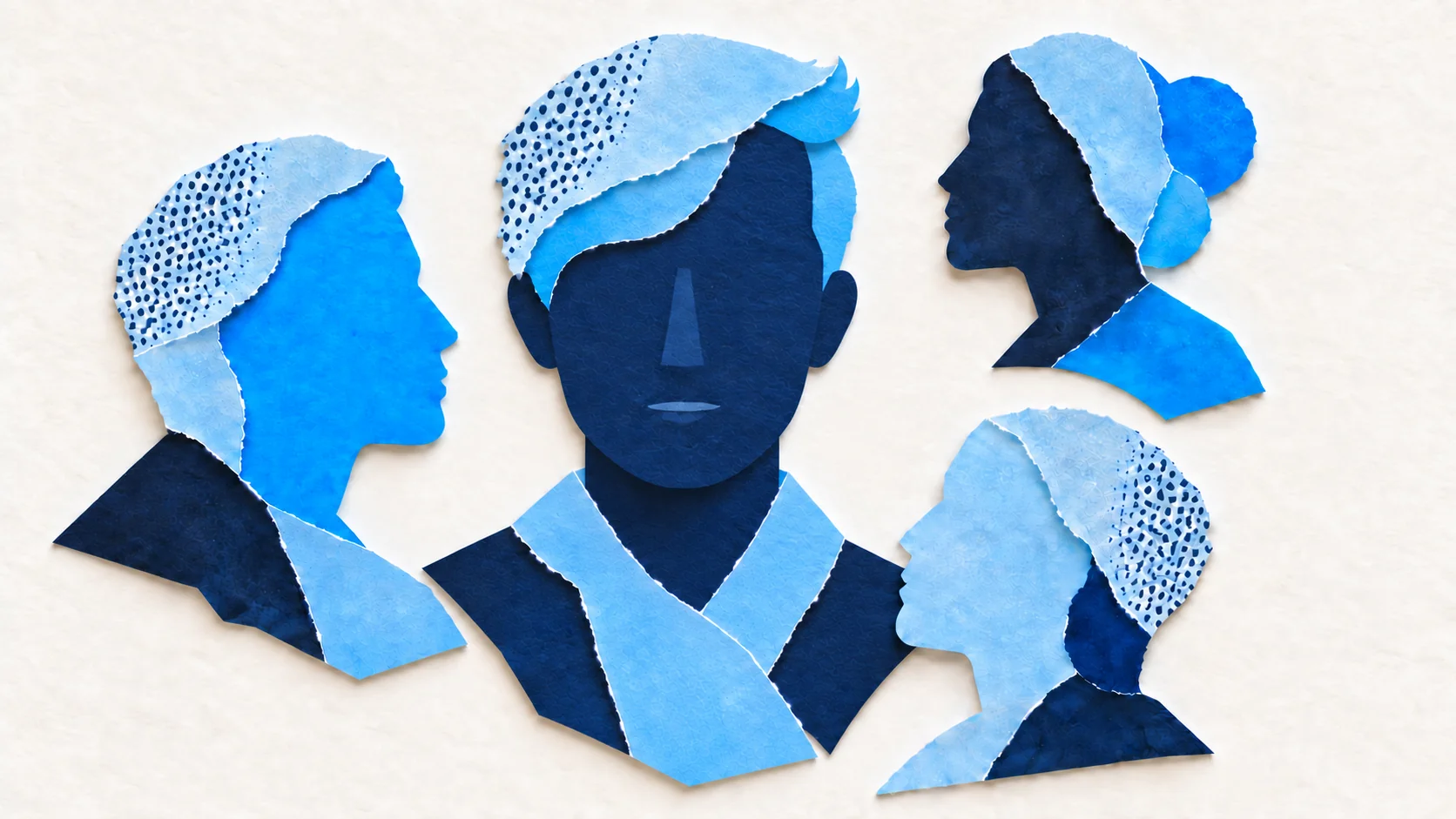 Four blue paper-collage portraits, with a large front-facing figure surrounded by three smaller profiles, representing diverse expert perspectives.