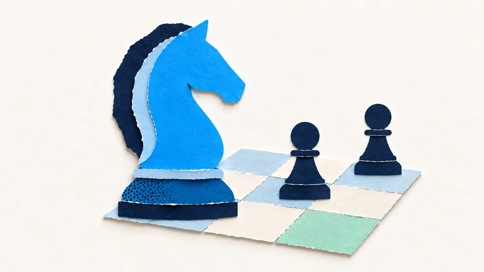 A large blue paper chess knight and two navy pawns on a small board, illustrating strategic marketing leadership.