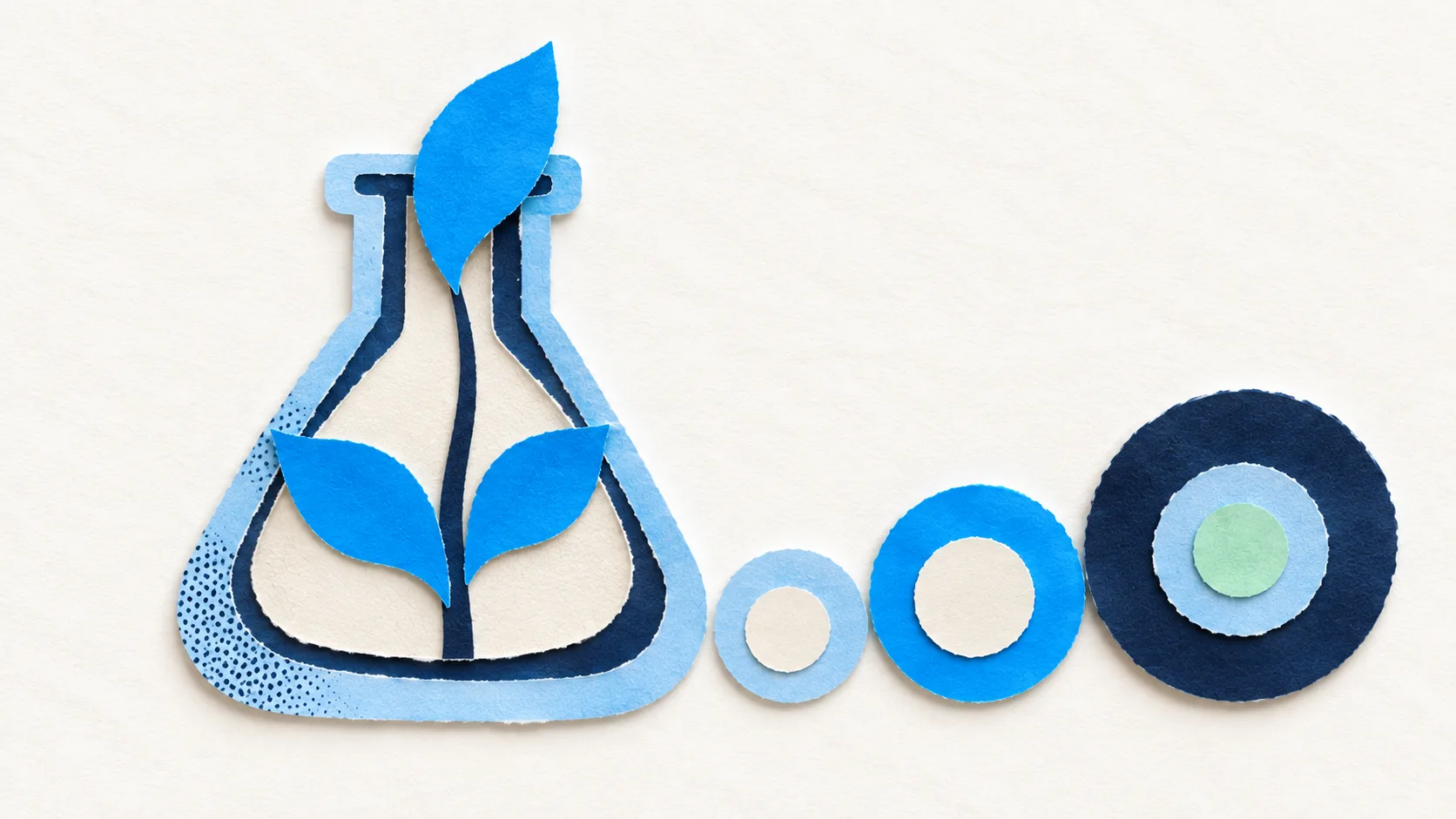 A blue paper plant grows from a laboratory flask beside three increasing circles, illustrating experimentation and sustained growth.