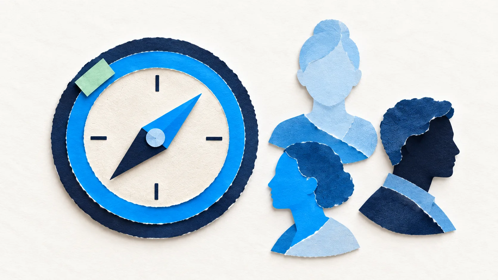 A blue paper compass beside three expert portraits, illustrating guidance across marketing disciplines.