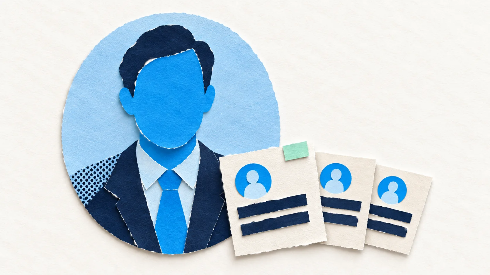 A blue paper portrait beside three matching post cards, illustrating a consistent personal brand.