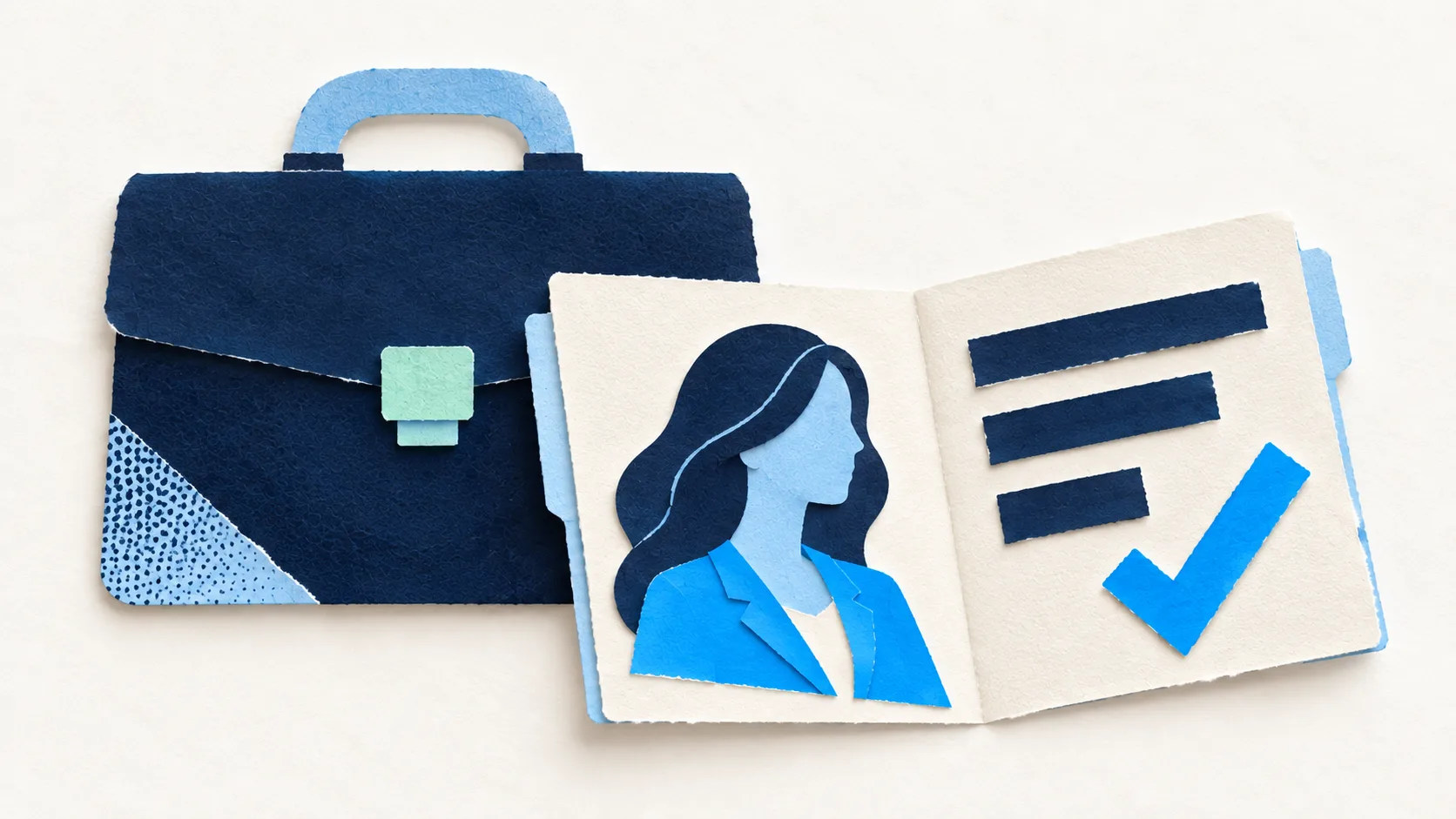 A navy paper briefcase and open portfolio with a consultant portrait and checkmark, illustrating expertise that earns client trust.