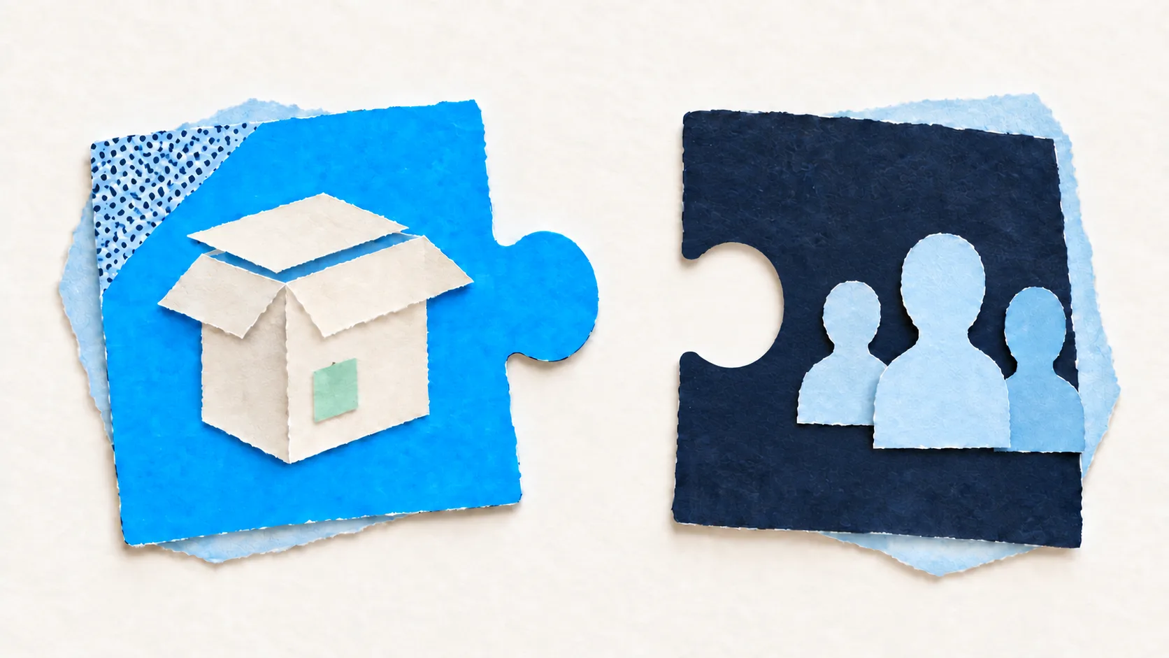 Two blue paper puzzle pieces show a product box and three people, illustrating the fit between a product and its audience.