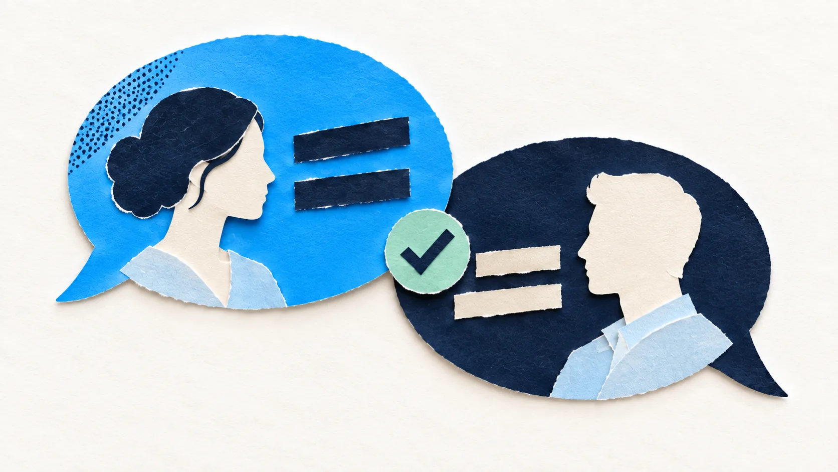 Two paper portraits face each other inside blue speech bubbles with a mint checkmark, illustrating helpful sales conversations.