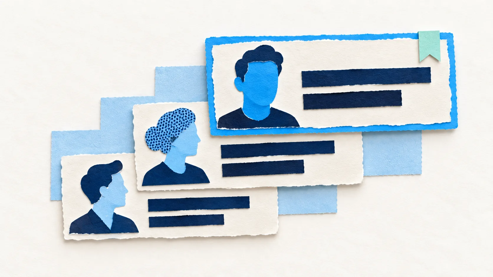 Three blue paper portraits appear on ascending search-result cards, illustrating SEO experts sharing insights.