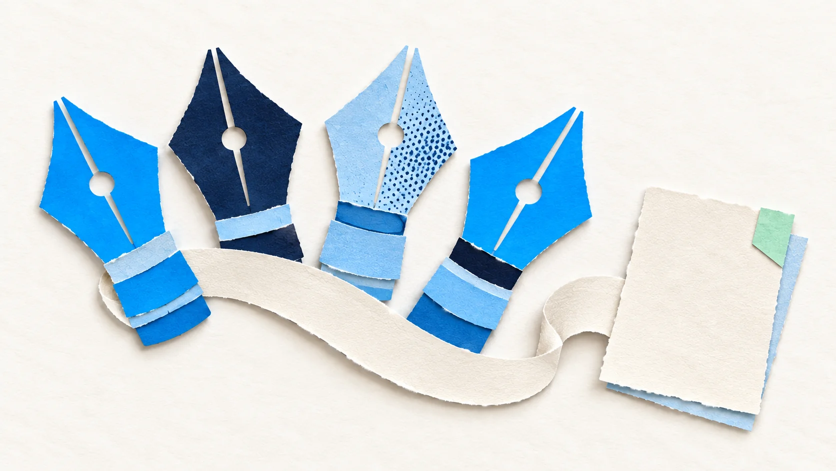 Four blue paper pen nibs connect through an ivory ribbon to a blank page with a mint tab, representing a choice of writing tools.