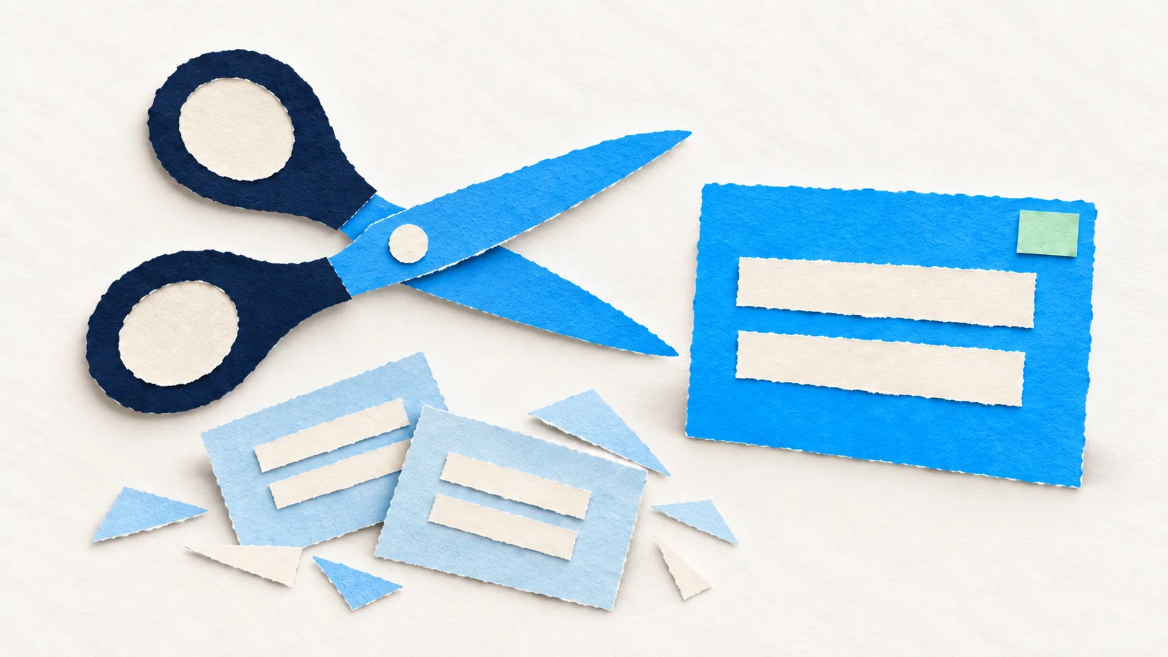 Navy paper scissors beside one blue offer card and two pale cards set aside, illustrating a business coach simplifying an offer mix.