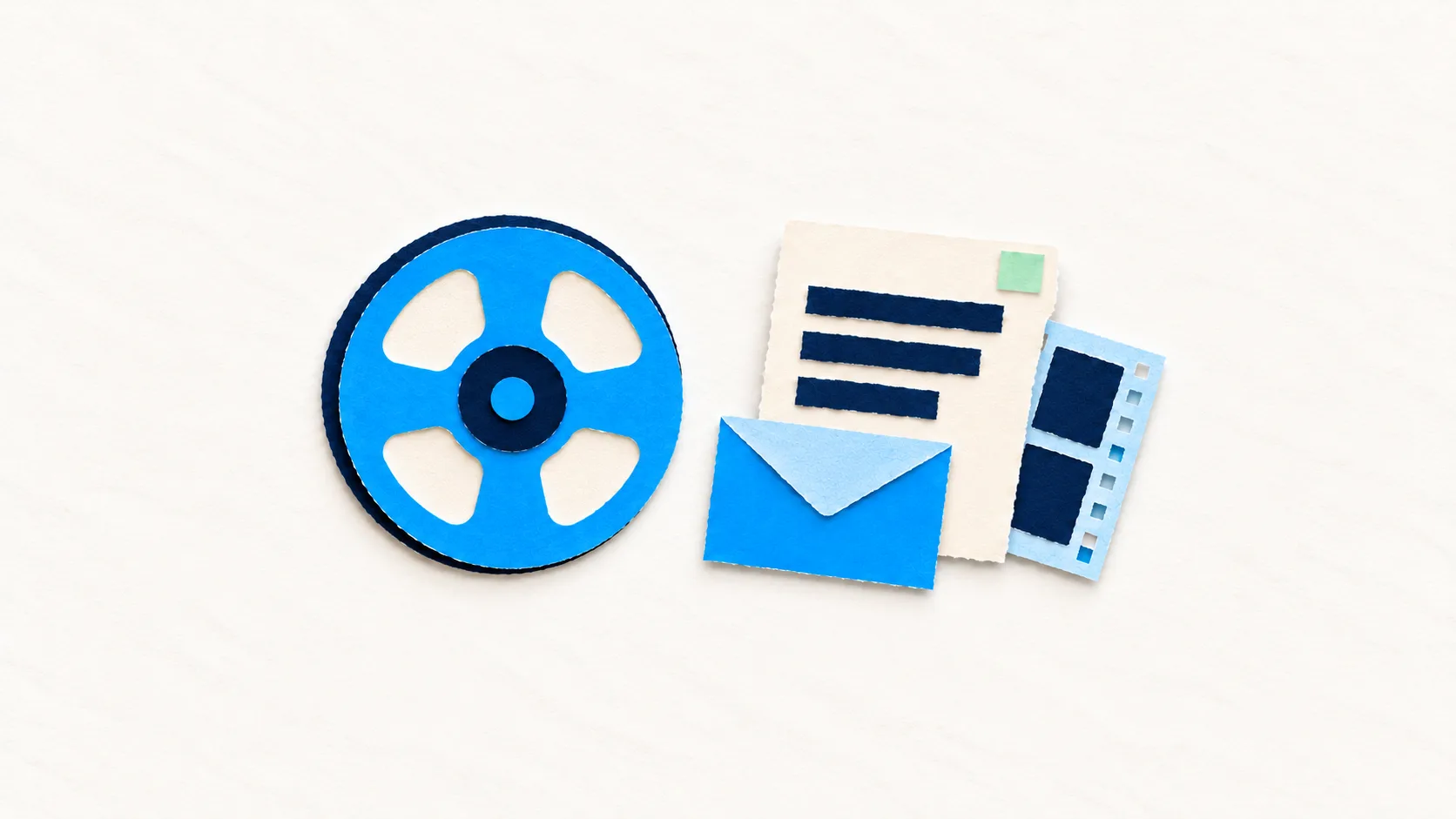 A blue paper recording reel beside a document, envelope, and short filmstrip, illustrating a content marketer repurposing one webinar into several formats.