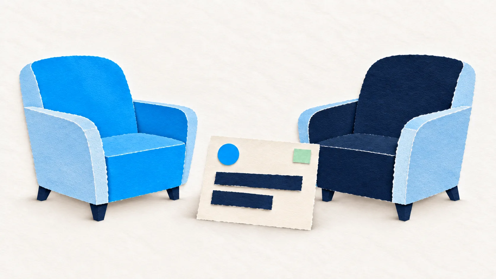 Two blue paper armchairs with an ivory conversation card between them, illustrating a thoughtful executive coaching conversation.