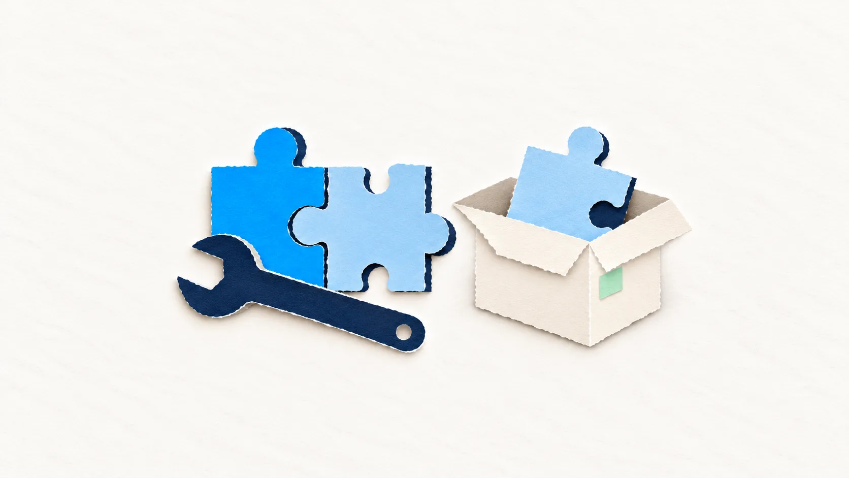 A navy paper wrench beside layered custom puzzle pieces and an ivory box with a ready-made component, illustrating a technical founder choosing what to build and what to buy.